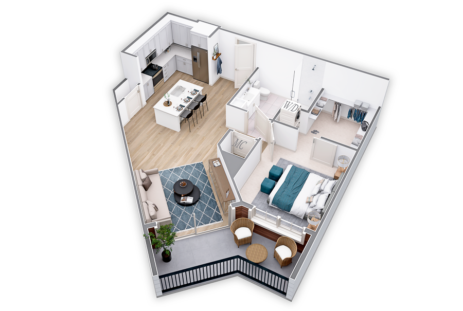 Floor plan for 1 bed, 1 bath, 768 sqft